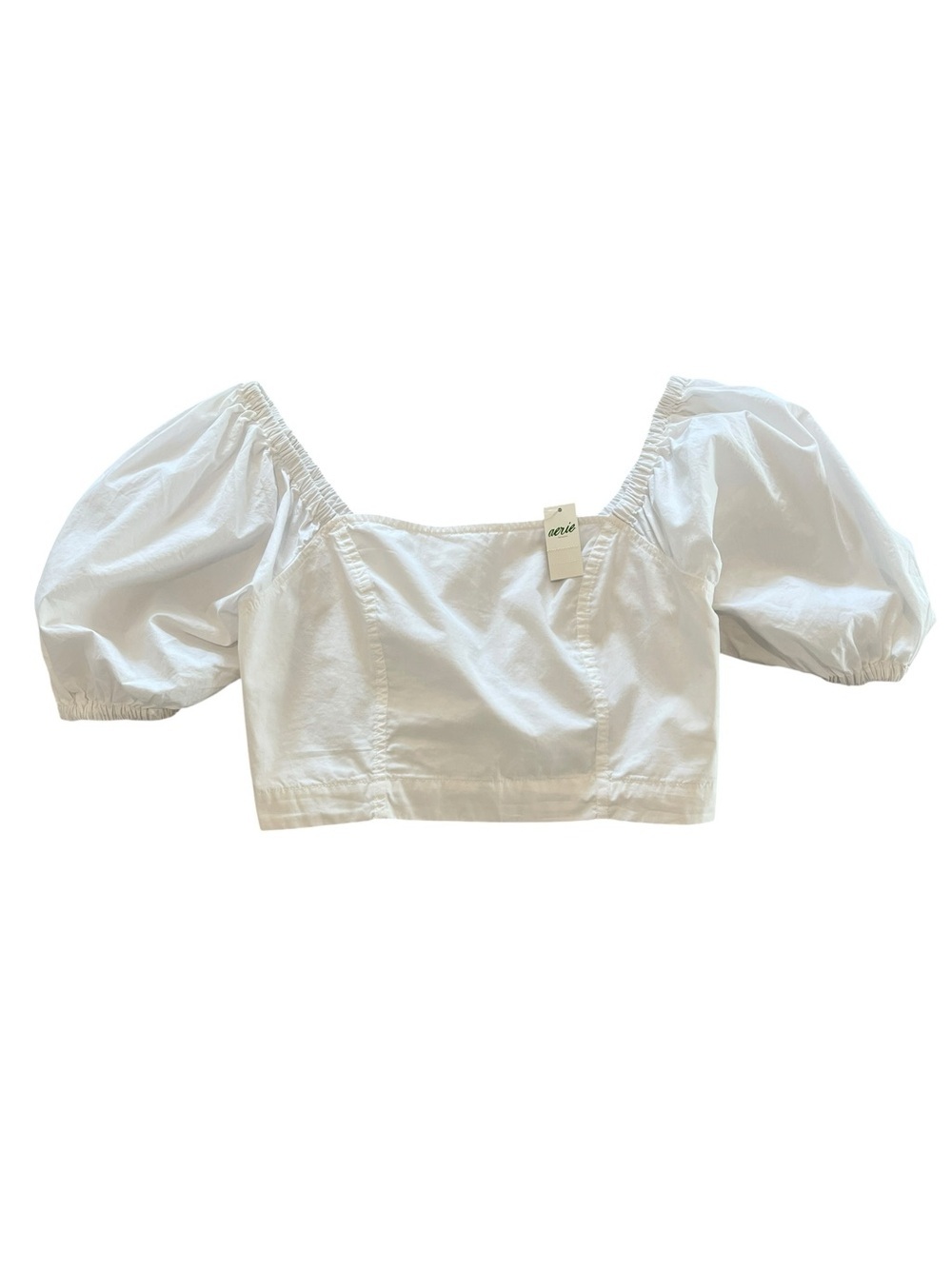 Aerie White Puff Sleeve Square Neck Cottagecore Coastal Nautical Cropped Top- S